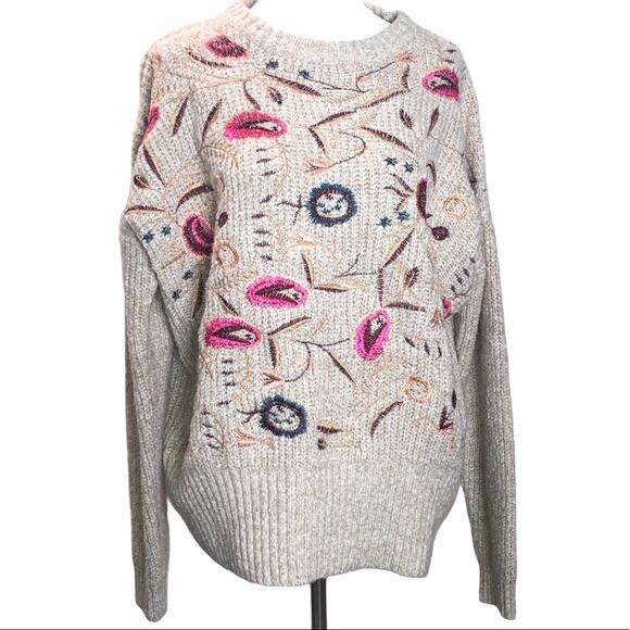 Woven Heart Embroidered Floral Sweater Tan Large - Picture 1 of 10